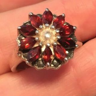 Vintage Jewellery Sterling Silver,  Real Garnet And Marcasite Ring Size 