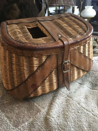 Antique Basket Wicker/leather Fishing Creel - - Will Throw In Vintage Hand Net