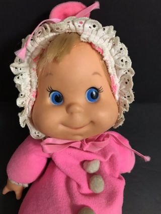 Vtg Mattel 1970 Baby Beans Blonde Blue Eyes Pink Lace Bonnet W Pom Poms