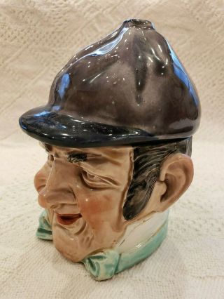 Antique Majolica Toby Figural Tobacco Jar " Smiling Jockey Man " Humidor 3798