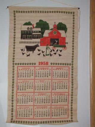 Vintage 1958 Calendar Dish Towel Linen Farmer Chicken Cow
