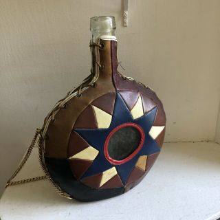 Vintage Leather Covered Glass Canteen Vase With Chain
