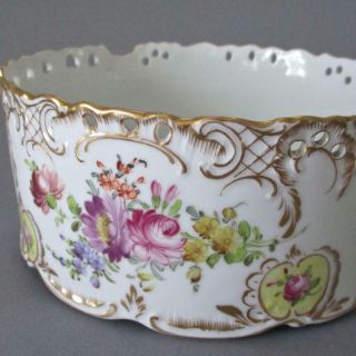 Antique Dresden Hp Reticulated Porcelain Center Bowl Colorful Flowers Gilt Trim