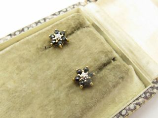 Vintage 9k 9ct 375 Gold Sapphire & Diamond Cluster Stud Earrings
