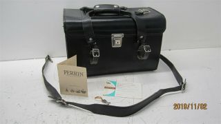 Vintage Perrin Black Leather Locking Camera Bag,  2x Keys 15 " X10 " X8 "