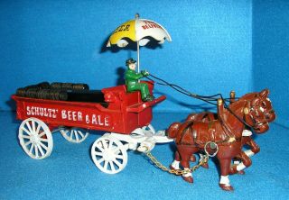 Vintage " Schultz Beer & Ale " Cast Iron Horse And Wagon 9 Wood Barrels 15 " Long