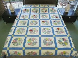 Stained Vintage Feed Sack Hand Sewn Applique Dresden Plate Quilt; 83 " X 78 "