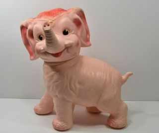 Vintage 1961 The Sun Rubber Co.  Pink Circus Elephant 10 " Rolling Sqeak Toy