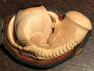 Antique 19th Cent.  Carved Dragon Eagle Claw & Egg Meerschaum Pipe,  Case