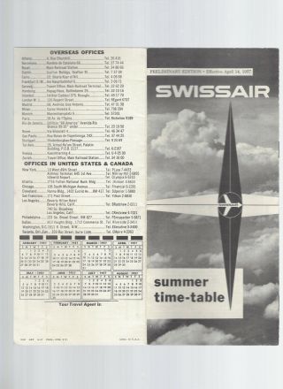 Swissair Airlines April 14 1957 Timetable W/2 Dc - 7c Seat Maps