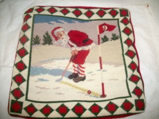 Vintage Finished Needlepoint Pillow Cover Christmas Santa Playing Golf