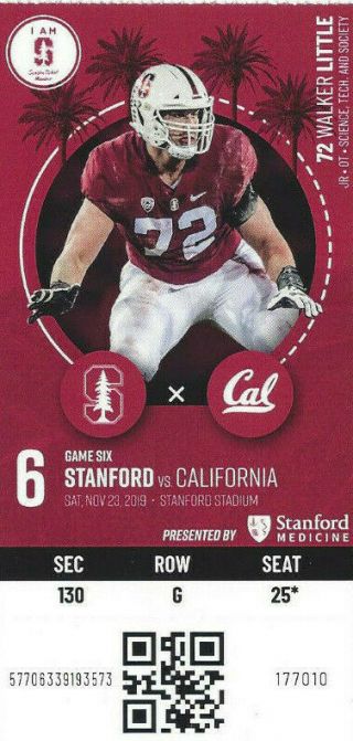Cal Bears Vs Stanford Cardinal Ticket Stub 11/23/19 -