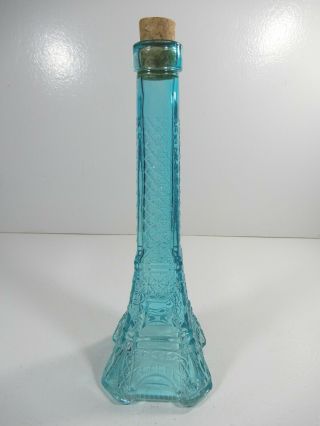 Vintage Aqua Blue Glass Eiffel Tower France Travel Memorabilia Bottle W/cork - 9 "