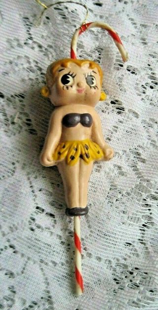 Cute Vintage Plastic Kewpie/betty Boop Figure On Candy Cane Xmas Ornament