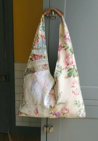 Vintage Hand Embroidered Crinoline Lady Bag - Lace Barkcloth Florals