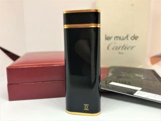 Auth Cartier Black Enamel K18 Gold - Plated Trim Oval Lighter W Case & Card