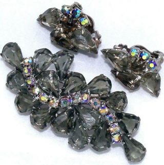 Lovely 2 3/4 " Vtg Juliana Style Black Diamond Ab Glass Brooch Earring Set Pa72