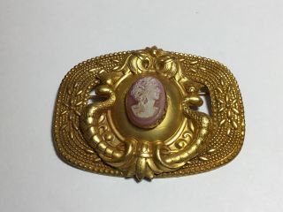 Large 2 - 1/2 " Wide Vintage Antique Ornate Gold Tone Faux Cameo Brooch Pin C Clasp