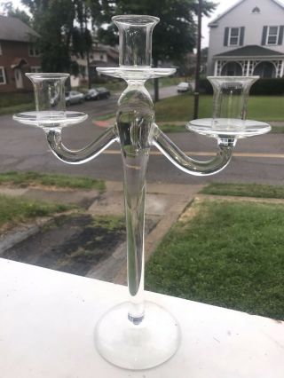 Tall Vintage Handblown Clear Glass Candle Holder Triple Candlestick Wedding