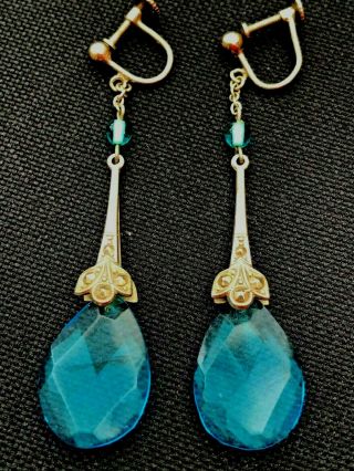 Vintage Jewellery Art Deco Czech Aquamarine Glass Dropper Screw Earrings Rare