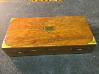 Vintage Wood Box With Brass Corners And Plate,  14” X 7” X 3”.