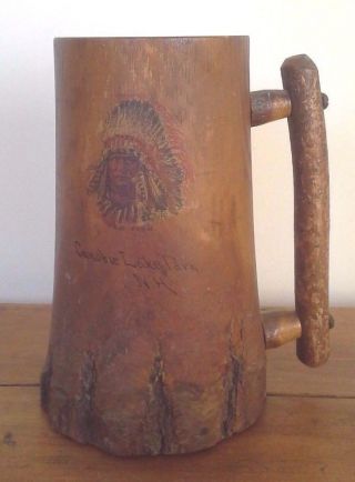 Vintage Wooden Carved Tankard With Native Indian Design,  Wooden,  Vintage