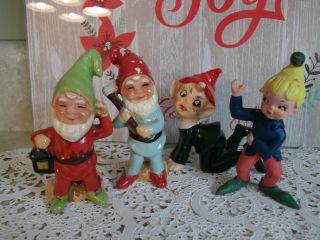4 Vintage Paper Mache Elf,  Gnomes Christmas Figurines,  Ceramic,  Porcelain :)