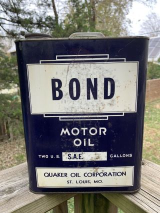 Vintage Bond/quaker Oil Company Motor Oil 2 Gallon Metal Can Gas Station Sign