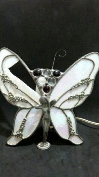 Vtg Stained Glass Nude Lady Butterfly Accent Lamp Night Light Repair Or Parts