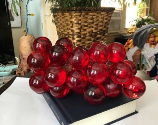 Vintage Mid Century Lucite Acrylic Red Grapes On Driftwood,  Very Large,  Gorgeous