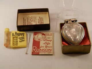 Vintage Ronson Heart Rarity Box Papers Flint Wick Full Kit Brush Sparking