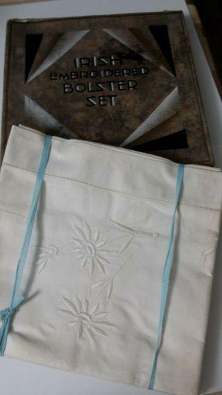Vintage Boxed Embroidered Irish Linen Bolster And Pillow Case Set