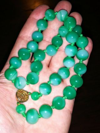 Vintage Estate Jade Green Peking Glass Bead Beaded Necklace Hand Knotted