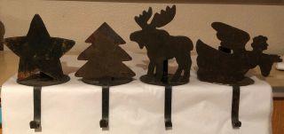 Vintage Set Of 4 Wrought Iron Stocking & Candlestick Holders Rustic Hand Forged