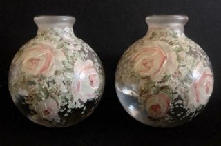 Vintage - Dorothy C.  Thorpe Clear Satin Glass Perfume Bottles - Pink Moss Rose