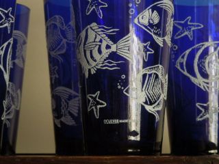 6 ViNTaGe CULVER Libbey COBALT BLUE Nautical GLASSES Fish Cocktail BAR 3