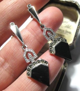 Vintage Style Art Deco Sterling Silver Marcasite Black Onyx Geometrical Earrings
