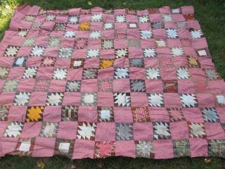 Colorful,  Bright Antique England Patchwork Quilt Top,  Rose Gingham,  C.  1900