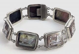 Antique Art Deco 800 Silver & Mother Of Pearl,  7 Day Story Cameo Bracelet,  7 "