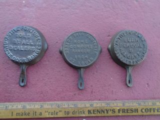 3 Antique Toy Or Salesman Sample Advertising Cast Iron Skillets - All Different