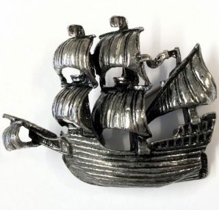 Vintage Large Silver Tone Galleon Sailing Ship “ Miracle “ Brooch Gift Boxed