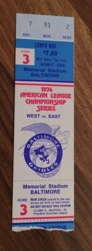 1974 Alcs Game 3 Ticket Stub - Baltimore Orioles Vs Oakland A’s