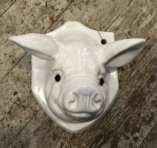 Vintage Antique French Signed Bavent Faience Pottery Pig Wall Hanging Glass Eyes