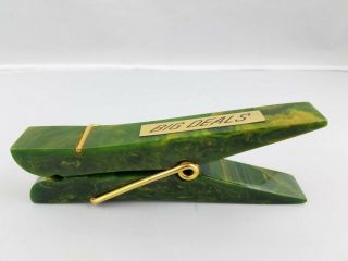 Antique Art Deco Green Swirl Bakelite 6.  25  Big Deals " Clothes Pin Paperweight