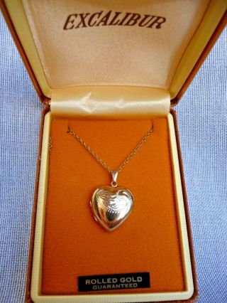 Vintage Rolled Gold Heart Double Photo Locket Pendant & Chain Boxed By Excalibur