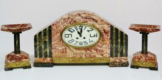 Large Antique French 8 Day Striking Art Deco Style Red Marble Mantel Clock Set
