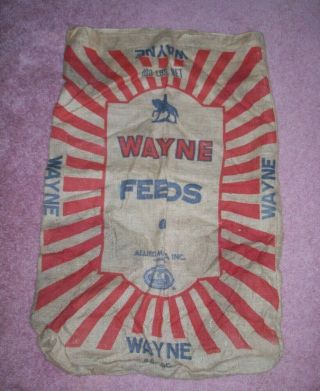 Vintage Wayne Burlap Feed Sack 100 Lbs.  Allied Mills Chicago Ill.  Rider On Horse