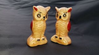 Vintage Owl Salt & Pepper Shakers,  Tan Glaze,  Red Painted Wings & Accents,
