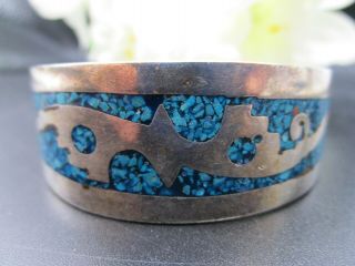 Vintage Mexico Sterling Silver And Turquoise Chip Inlay Cuff Bracelet.  925