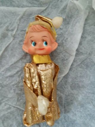 Vintage 6 " Christmas Knee Hugger Pixie Elf Japan Rubber Face Gold Metallic